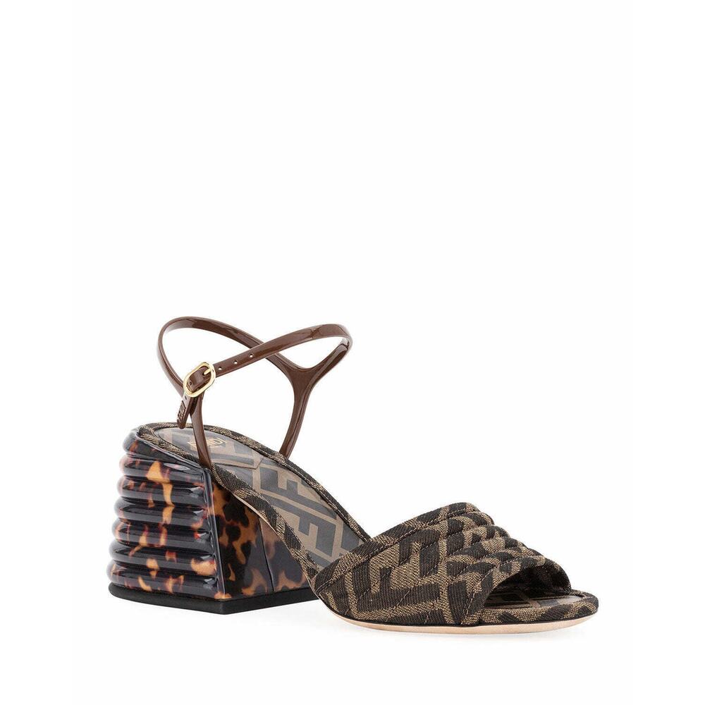 Fendi Dark Brown FF Motif Logo Ankle Strap Sandal Peep Toe Block Heel Pump 36
